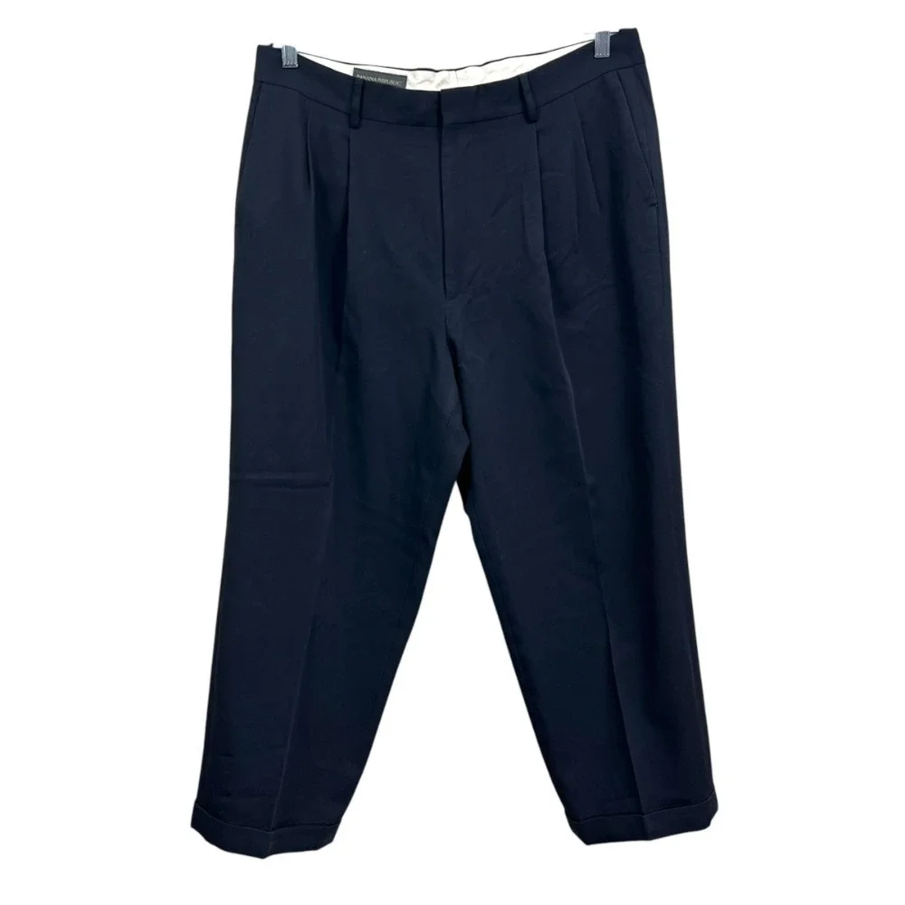 Banana Republic Men Wool Blend Dress Pants Pleated Pockets Navy36R Made in It*